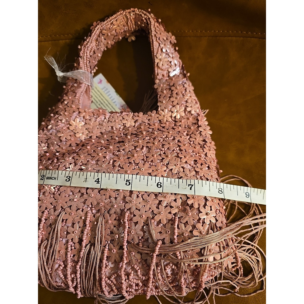NWT Pink Floral Viral‎ Beaded Fringe Handcrafted Made India Womans Purse Handbag - Picture 6 of 6